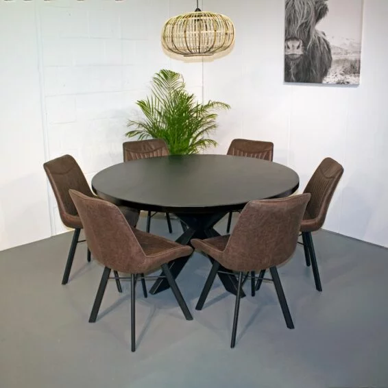 Eetkamerstoel Patron - Eco-leer Jacht Espresso 123 met Eettafel Mango – Rond – Zwart