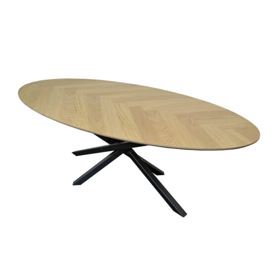 Eettafel Eiken Ovaal Visgraat ECO Blanke Skylt lak Vooraanzicht Boven