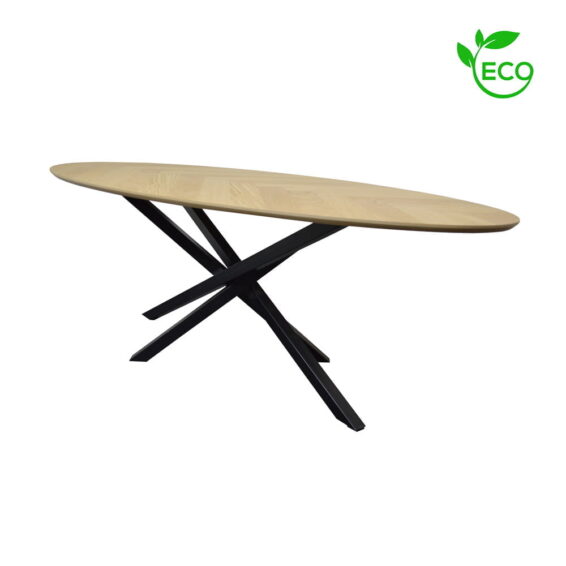 Zazuhome Eettafel Eiken Ovaal Visgraat ECO Blanke Skylt lak Vooraanzicht Schuin ECO